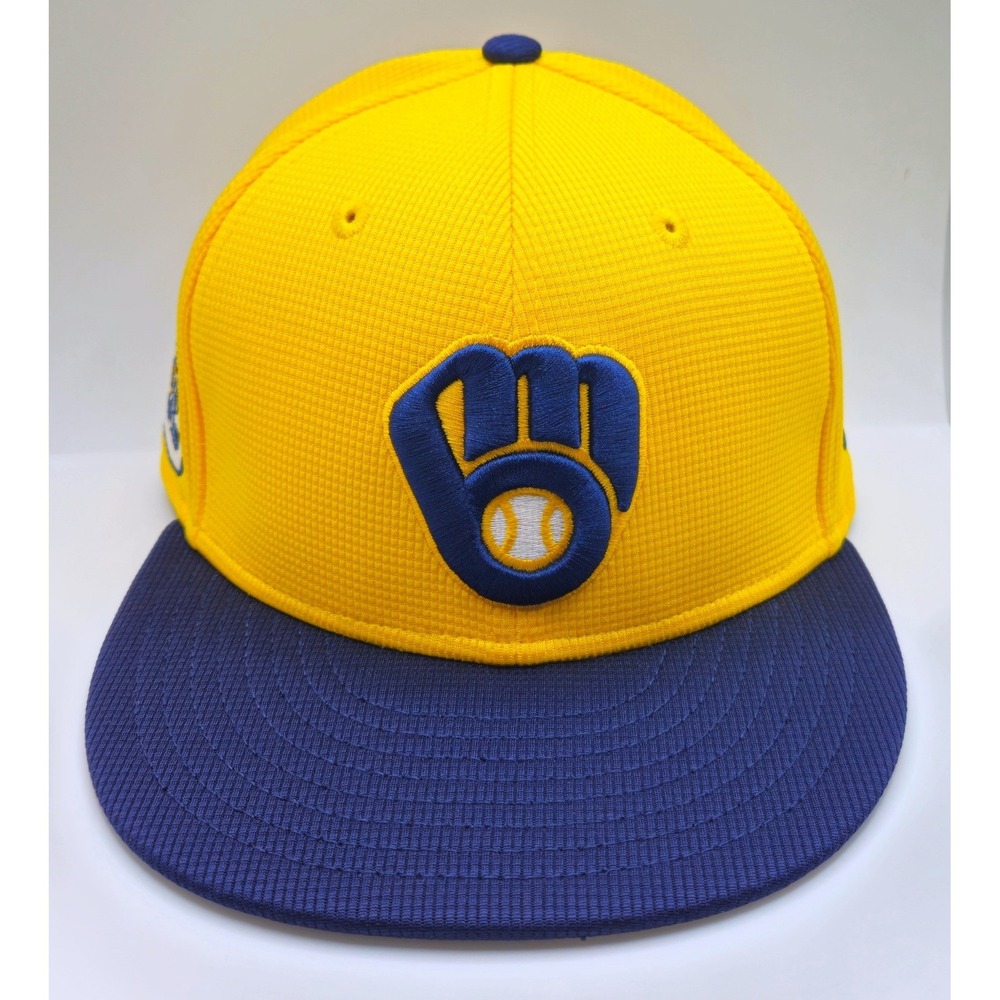 New Era Milwaukee Brewers 59FIFTY Fitted Hat 6 3/4 Yellow Navy MLB On-Field Cap